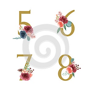 Gold Alphabet florals setÂ collection, Blue-red rose and pink peony flowers bouquets, Design for wedding invitation, celebrate